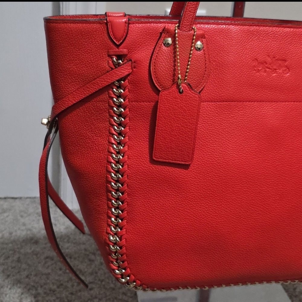 Coach Coral-Red Leather Tote with Whipstitch Accents - Picture 4 of 16